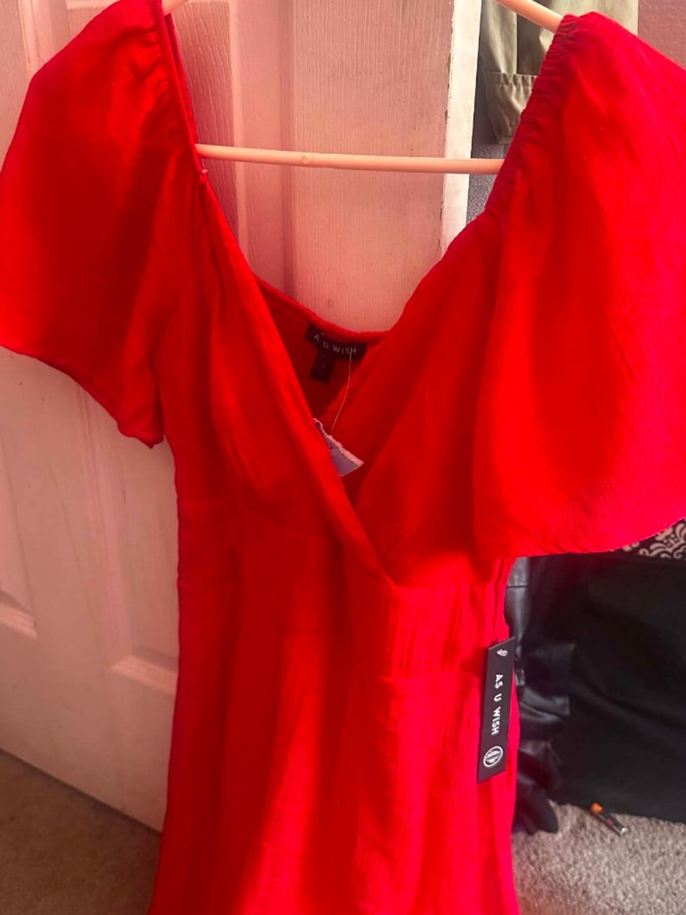 As U Wish Red V-Neck Tiered Mini Dress (size: Small)